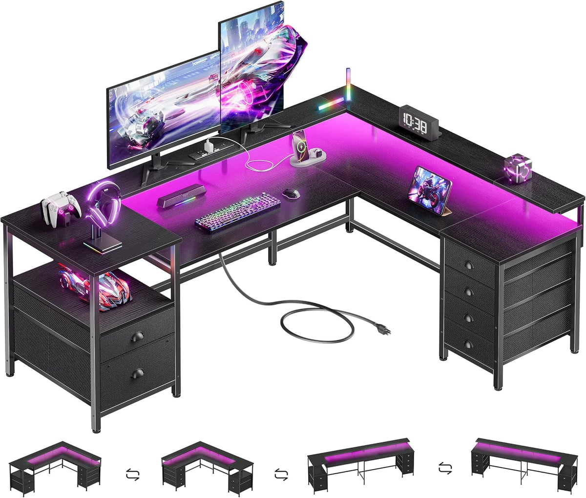 Furologee 66'' L Shaped Gaming Desk with 6 Drawers, LED, Outlets, Black