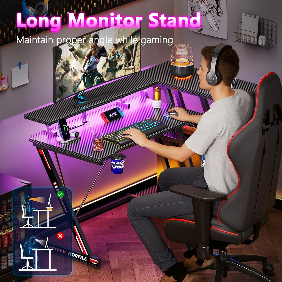 Korfile 40 Inch Gaming Desk with Power Outlet, LED, Carbon Fiber Black