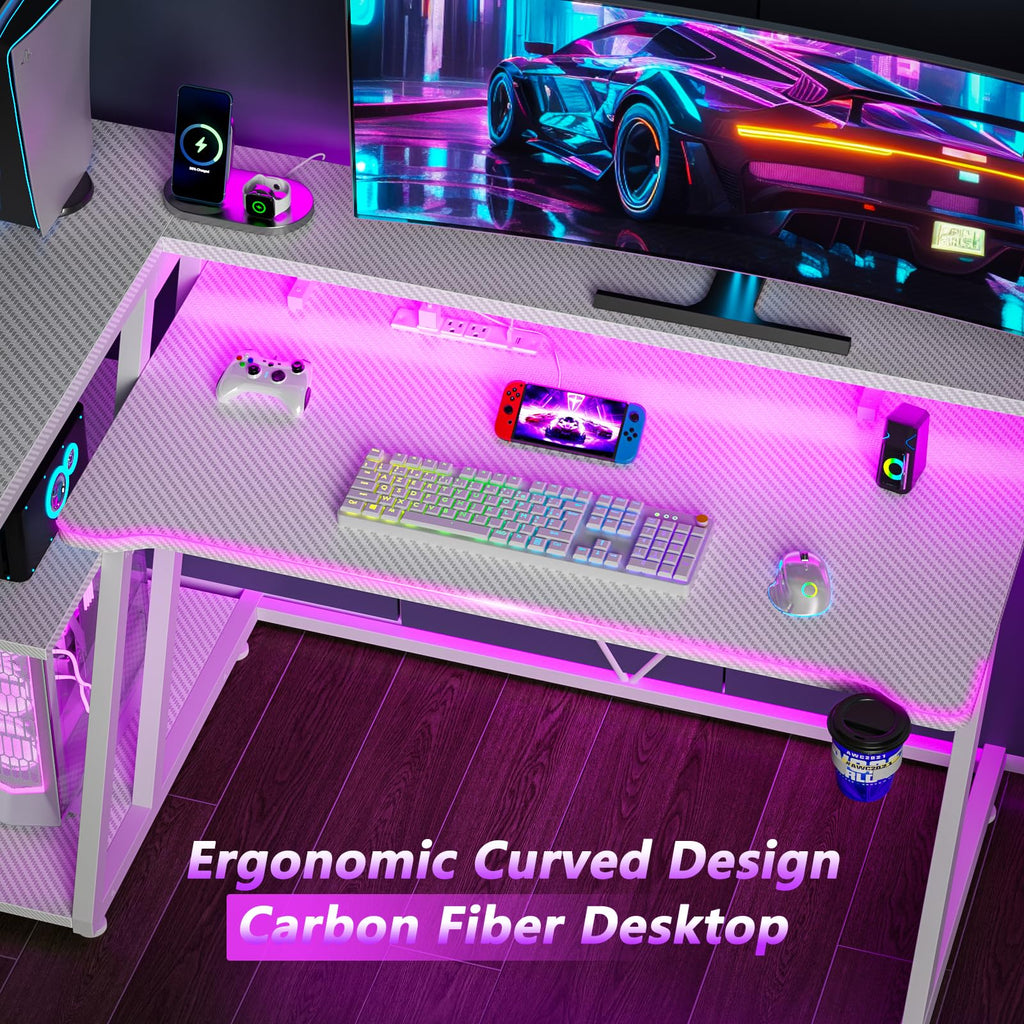 Korfile 40 Inch Gaming Desk with Power Outlet, LED, Carbon Fiber Black