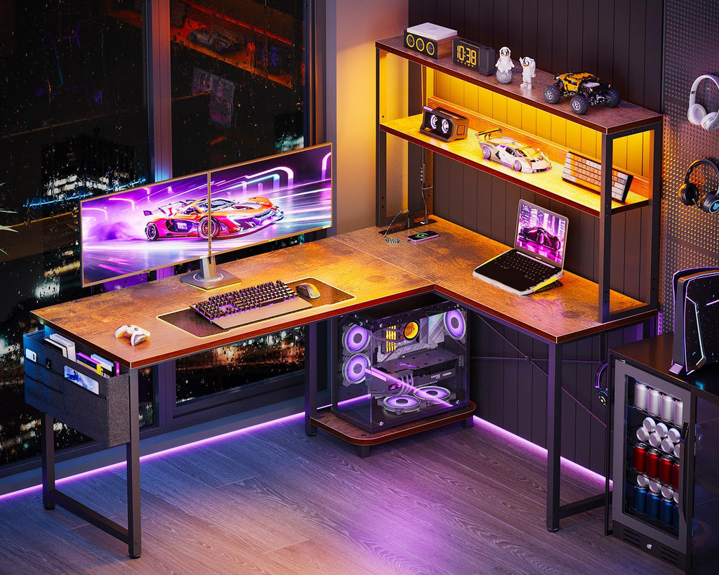 ODK 53" L Shaped Gaming Desk with Shelves, LED & Outlets, Black