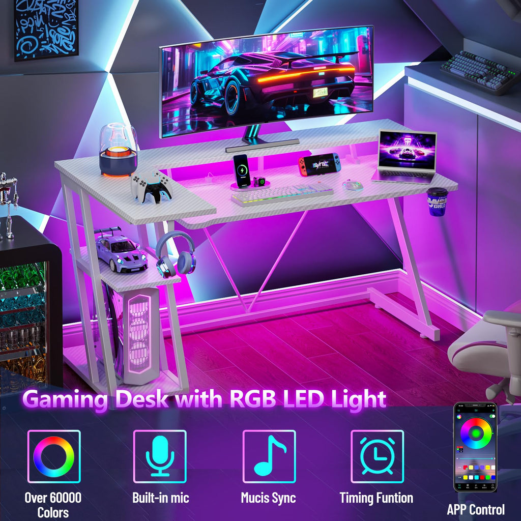 Korfile 40 Inch Gaming Desk with Power Outlet, LED, Carbon Fiber Black