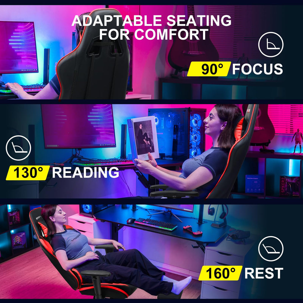 GTPLAYER Gaming Chair with Footrest, Ergonomic Computer Game Desk Chair, Reclining Gamer Chair Seat Height Adjustment, Swivel Rocker with Headrest and Lumbar (Blue)