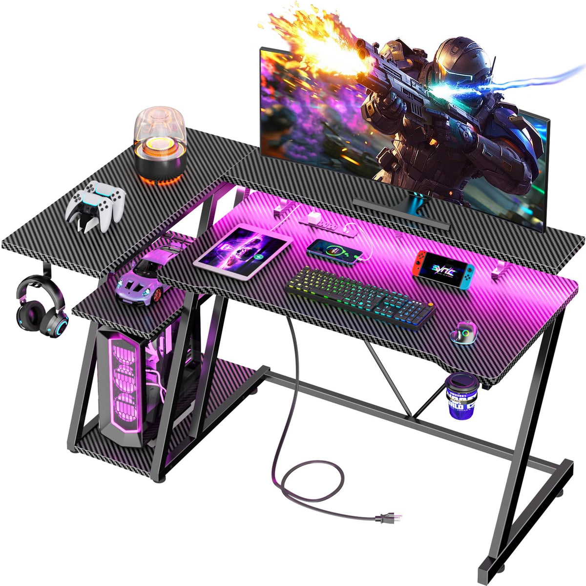 Korfile 40 Inch Gaming Desk with Power Outlet, LED, Carbon Fiber Black