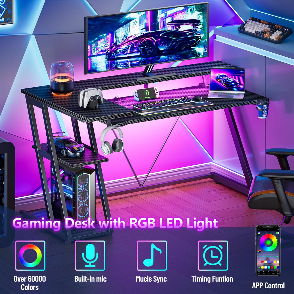 Korfile 40 Inch Gaming Desk with Power Outlet, LED, Carbon Fiber Black