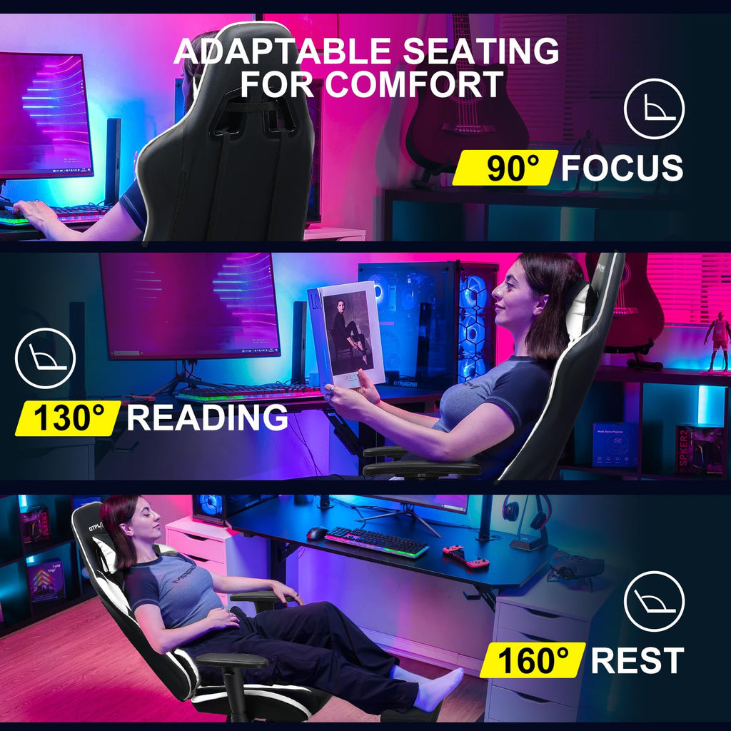 GTPLAYER Gaming Chair with Footrest, Ergonomic Computer Game Desk Chair, Reclining Gamer Chair Seat Height Adjustment, Swivel Rocker with Headrest and Lumbar (Blue)