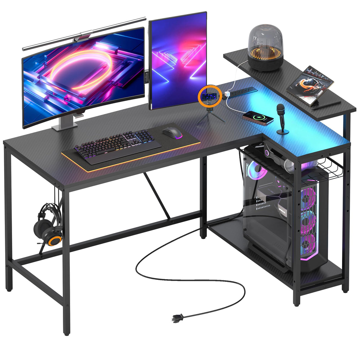 Bestier 42-Inch L-Shaped Computer Desk with Charging & LED, Black