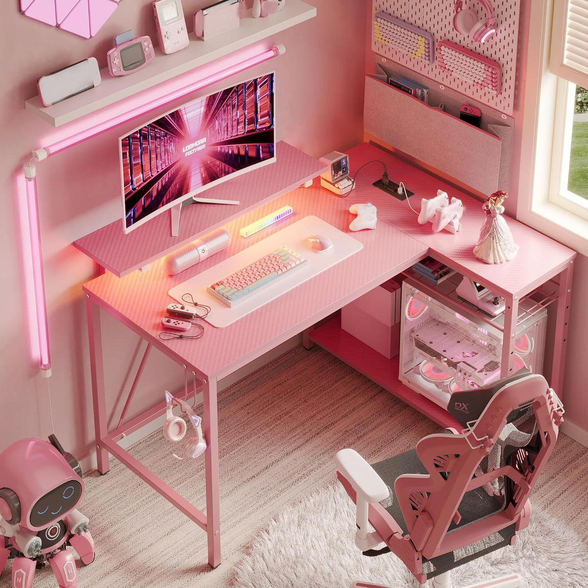 Bestier 42-Inch L-Shaped Computer Desk with Charging & LED, Black