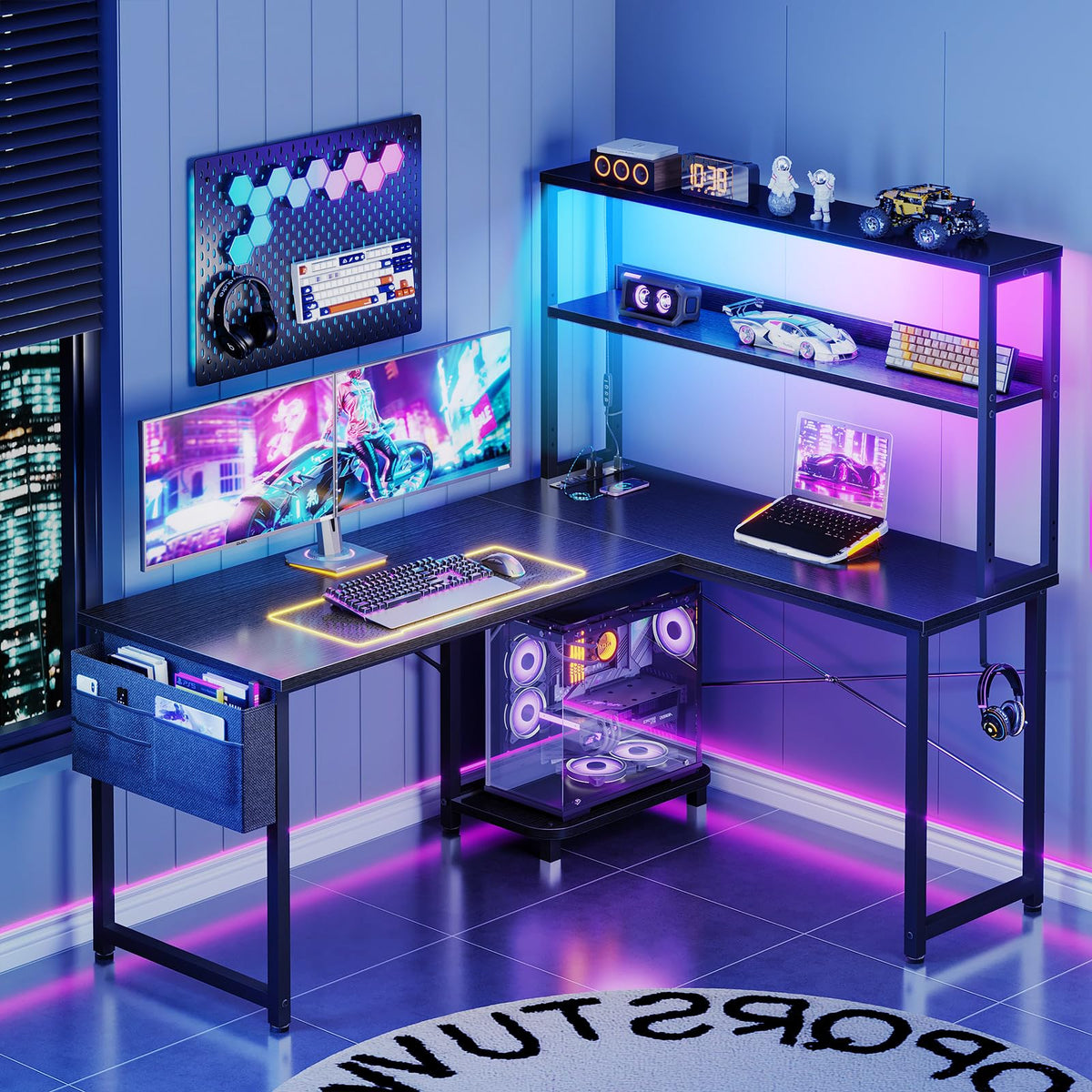 ODK 53" L Shaped Gaming Desk with Shelves, LED & Outlets, Black