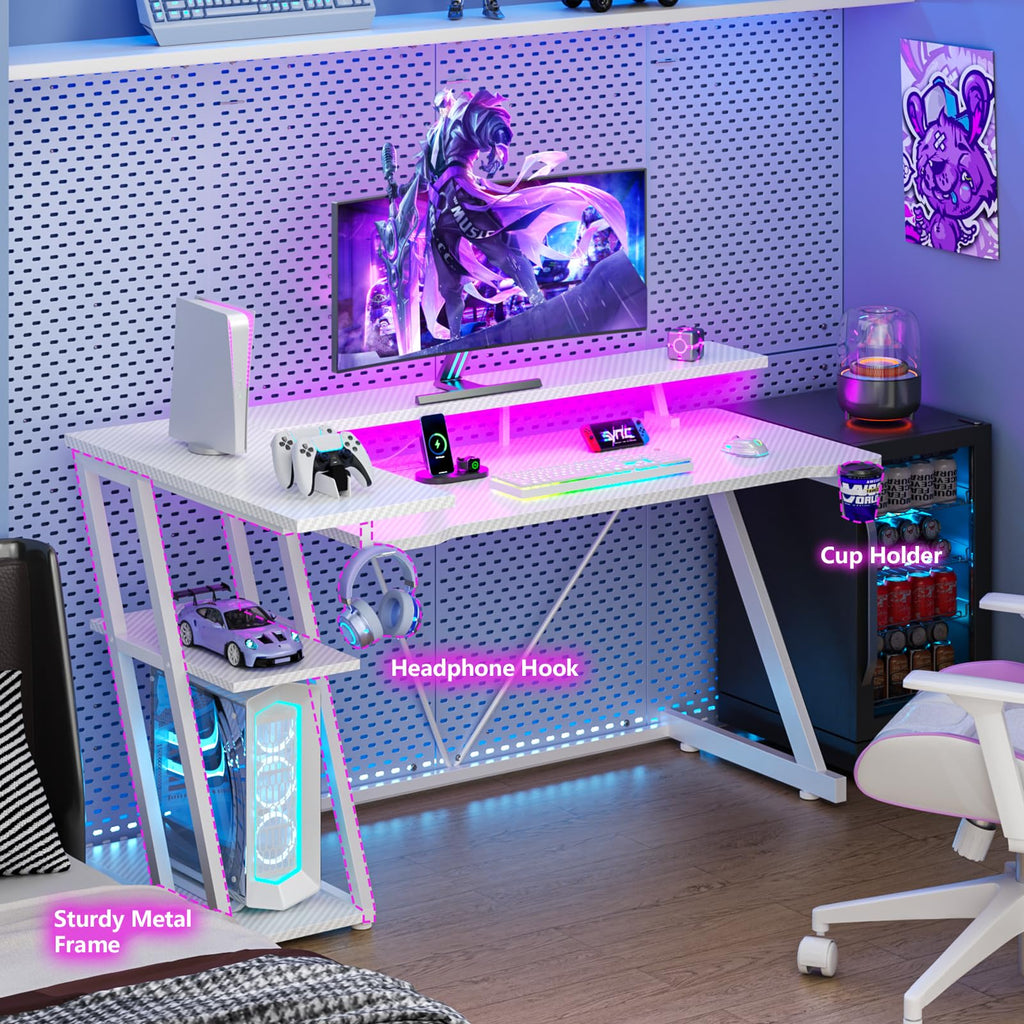 Korfile 40 Inch Gaming Desk with Power Outlet, LED, Carbon Fiber Black