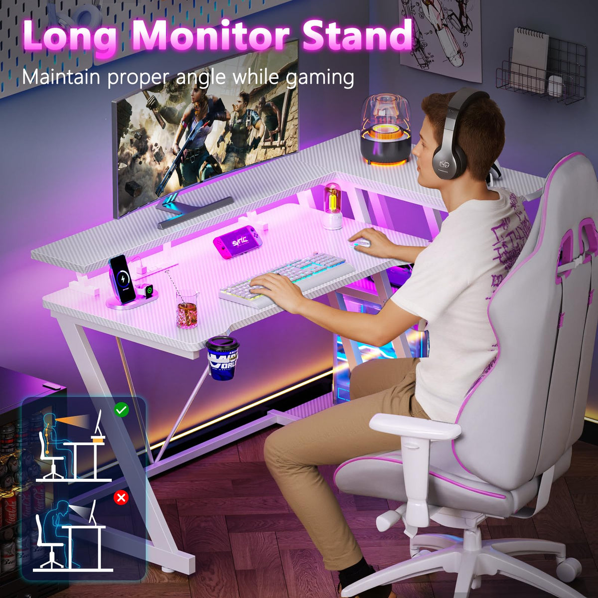 Korfile 40 Inch Gaming Desk with Power Outlet, LED, Carbon Fiber Black