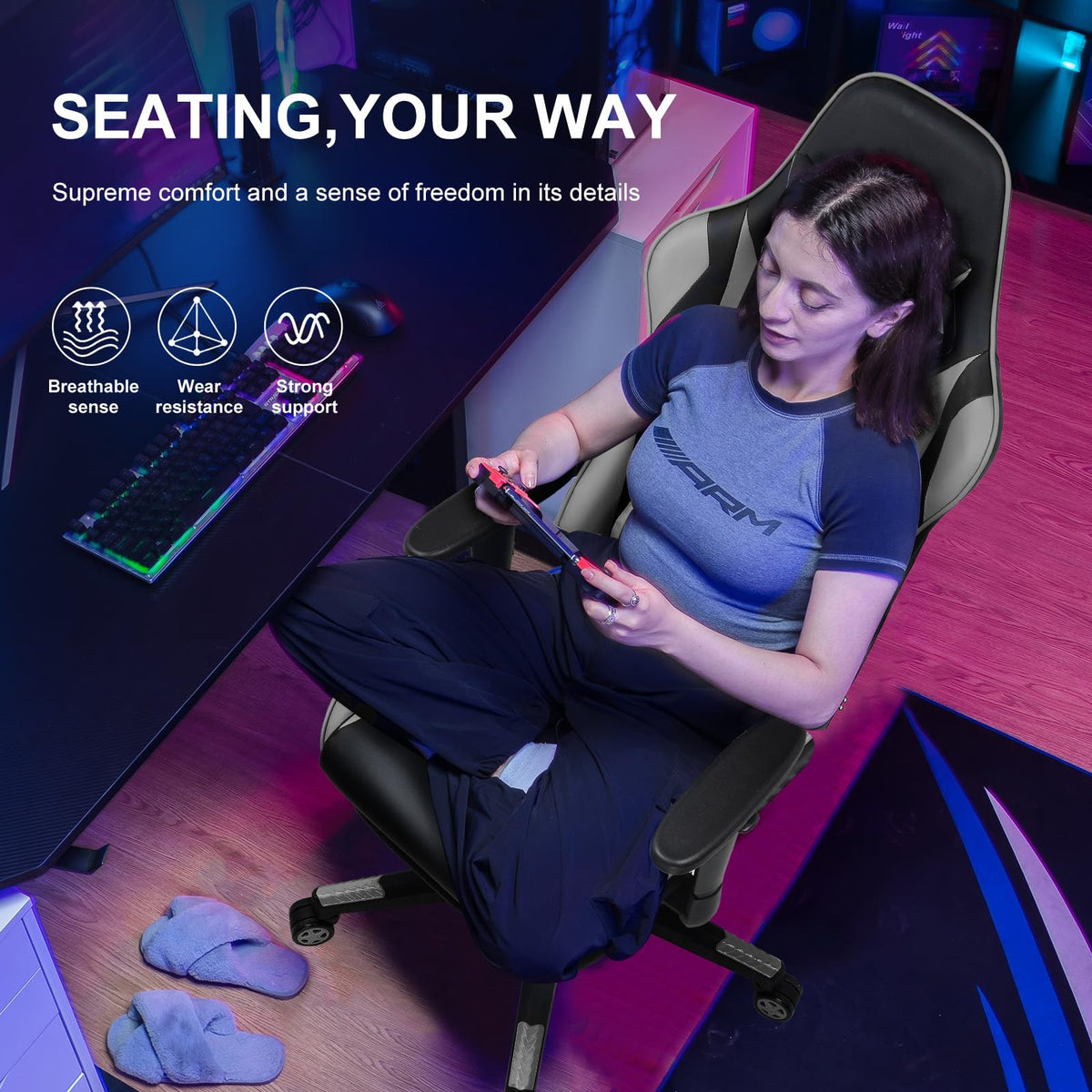 GTPLAYER Gaming Chair with Footrest, Ergonomic Computer Game Desk Chair, Reclining Gamer Chair Seat Height Adjustment, Swivel Rocker with Headrest and Lumbar (Blue)