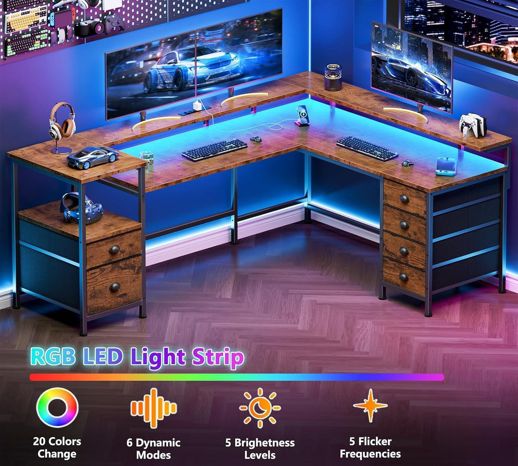 Furologee 66'' L Shaped Gaming Desk with 6 Drawers, LED, Outlets, Black