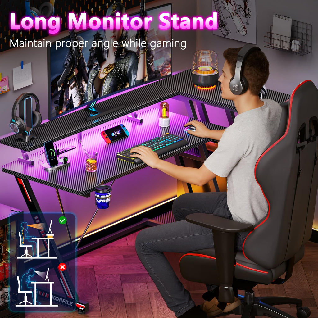 Korfile 40 Inch Gaming Desk with Power Outlet, LED, Carbon Fiber Black