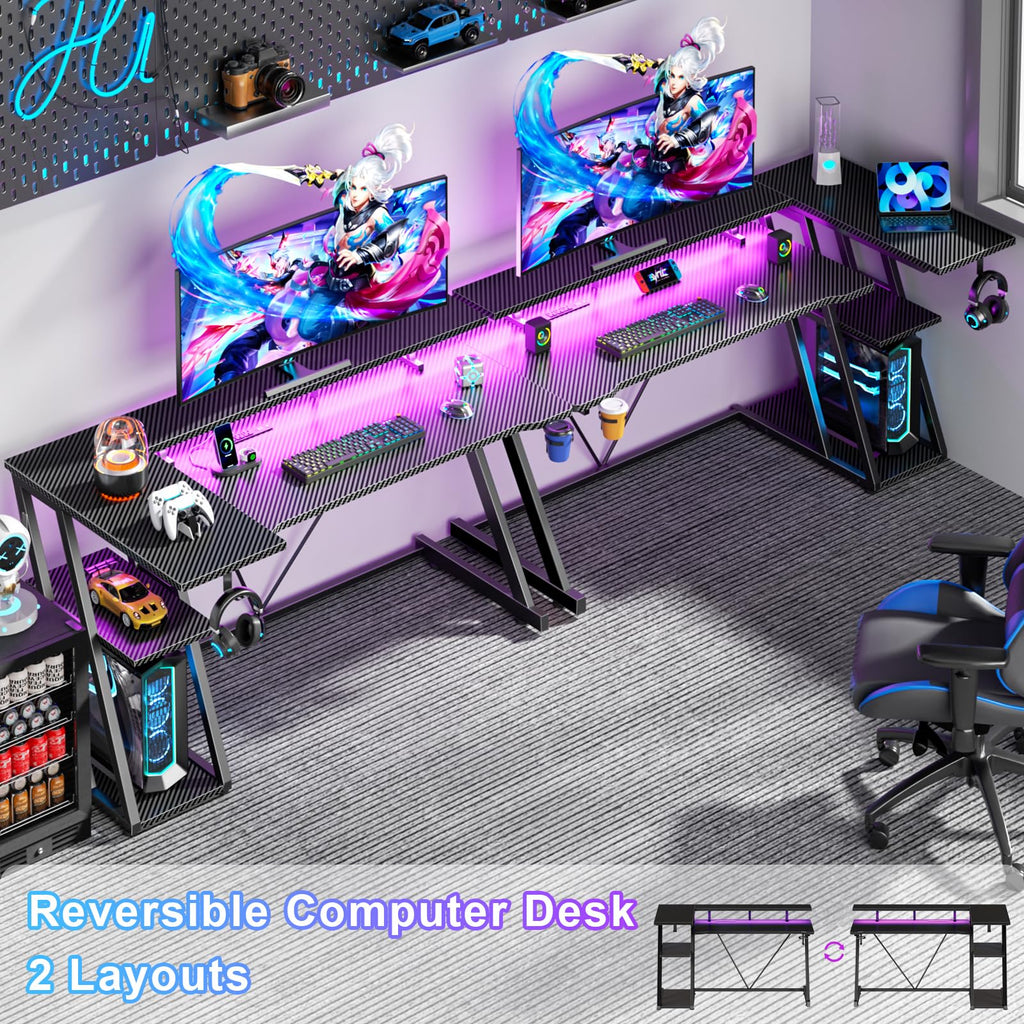 Korfile 40 Inch Gaming Desk with Power Outlet, LED, Carbon Fiber Black