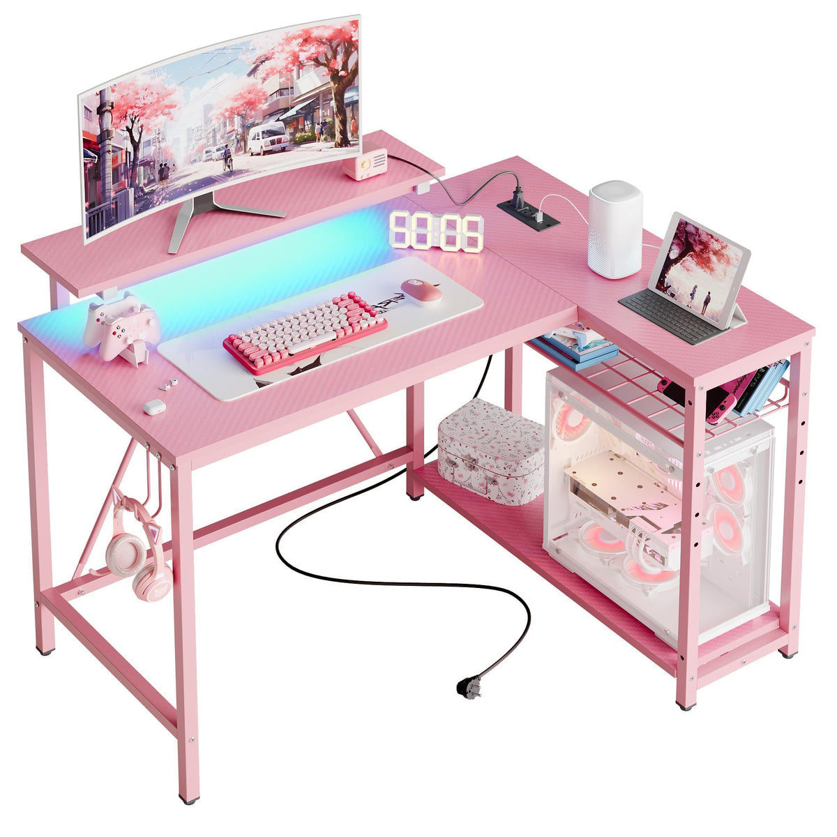 Bestier 42-Inch L-Shaped Computer Desk with Charging & LED, Black