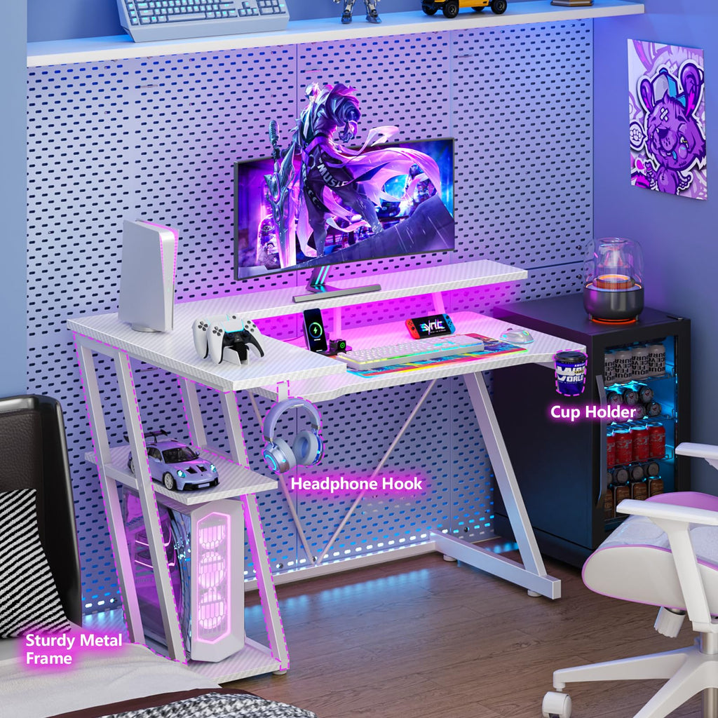 Korfile 40 Inch Gaming Desk with Power Outlet, LED, Carbon Fiber Black