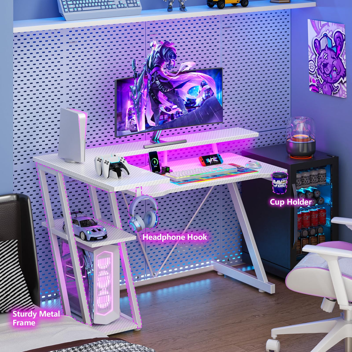 Korfile 40 Inch Gaming Desk with Power Outlet, LED, Carbon Fiber Black