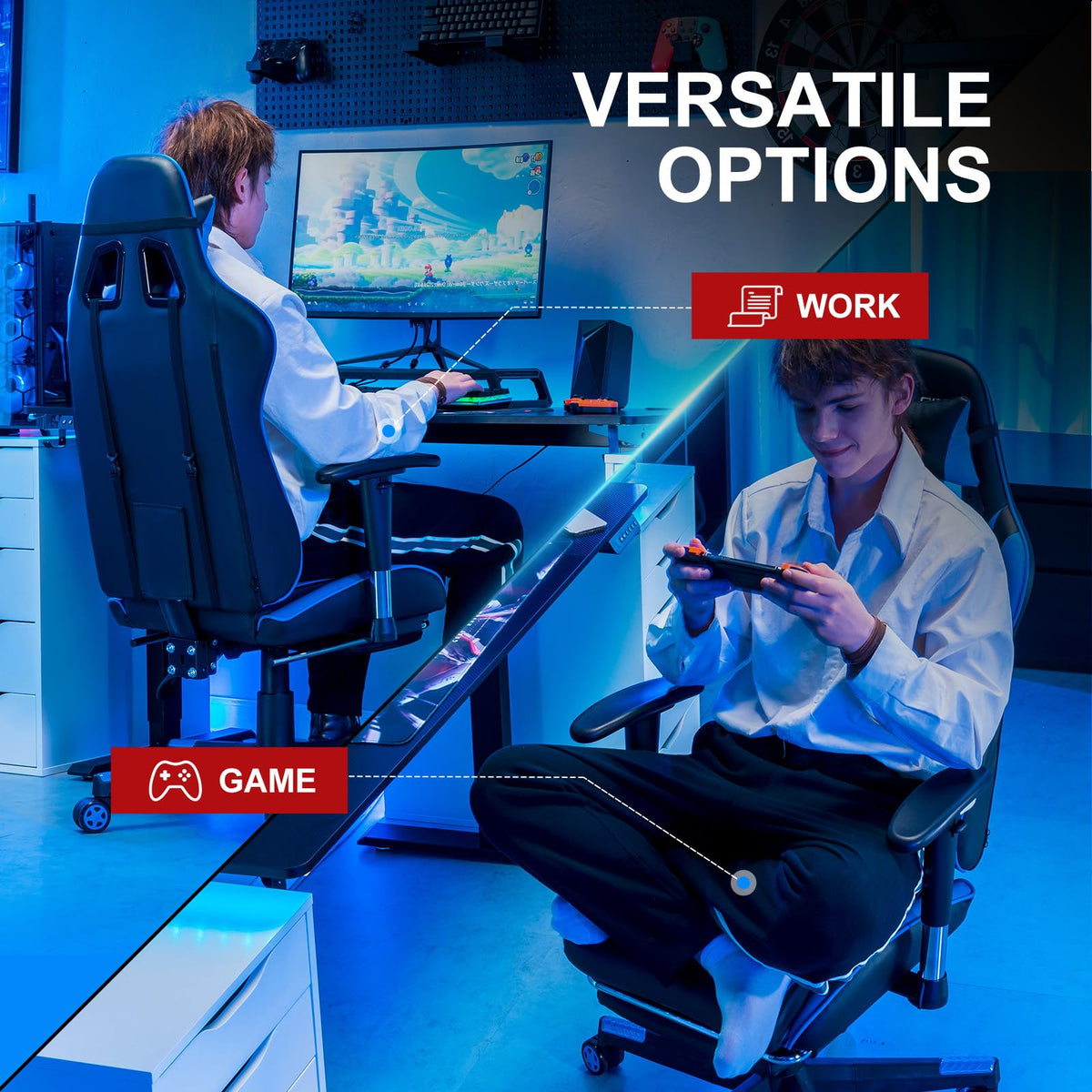 GTPLAYER Gaming Chair with Footrest, Ergonomic Computer Game Desk Chair, Reclining Gamer Chair Seat Height Adjustment, Swivel Rocker with Headrest and Lumbar (Blue)