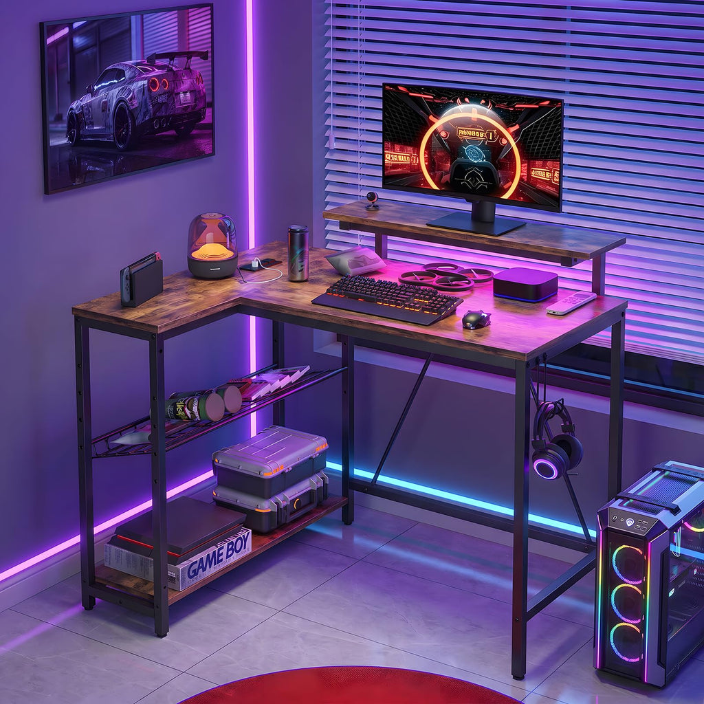 Bestier 42-Inch L-Shaped Computer Desk with Charging & LED, Black