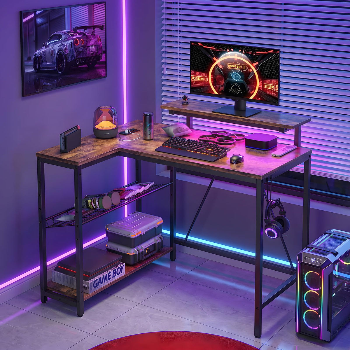Bestier 42-Inch L-Shaped Computer Desk with Charging & LED, Black