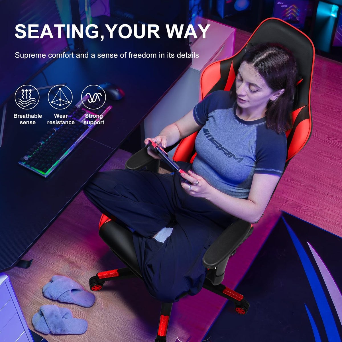 GTPLAYER Gaming Chair with Footrest, Ergonomic Computer Game Desk Chair, Reclining Gamer Chair Seat Height Adjustment, Swivel Rocker with Headrest and Lumbar (Blue)