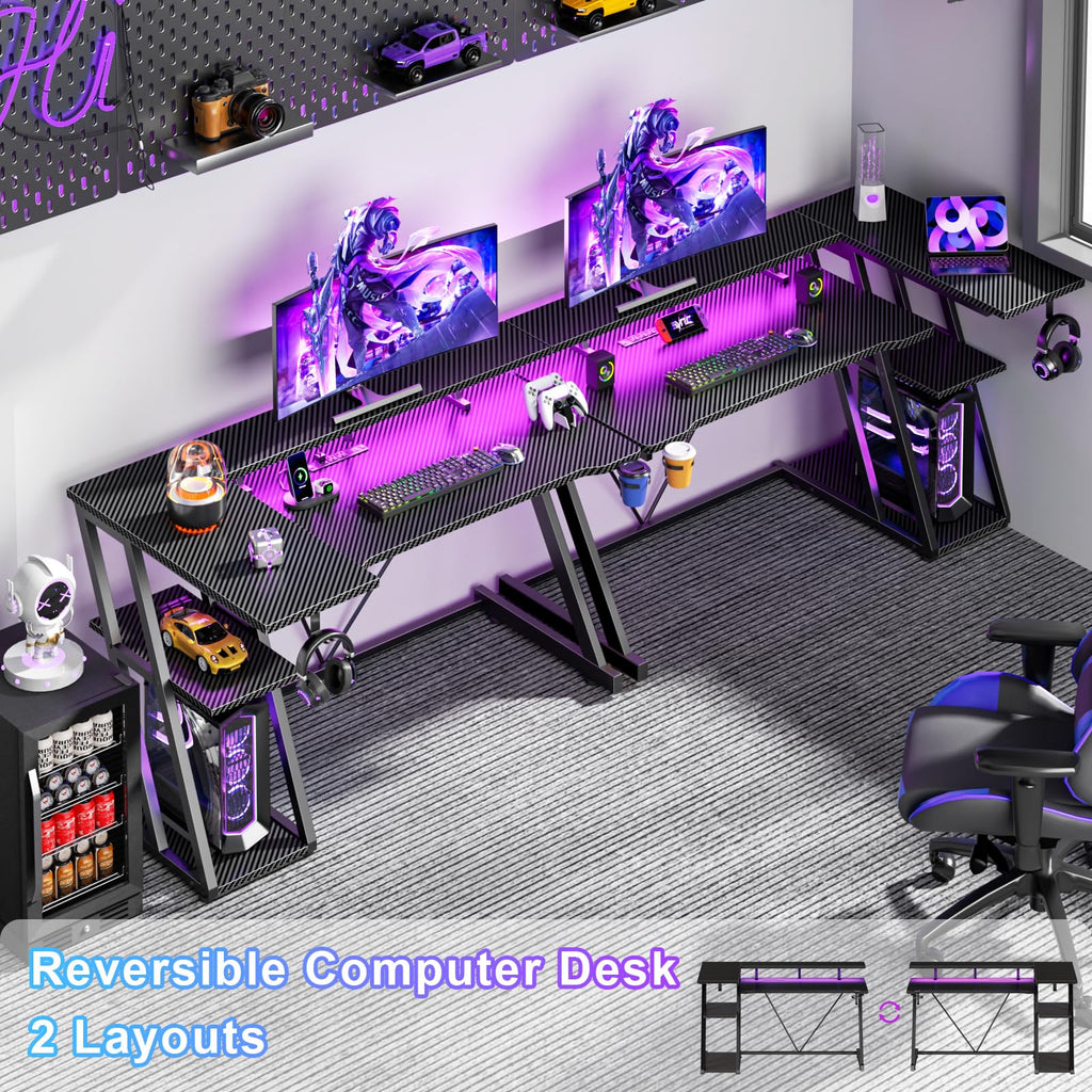 Korfile 40 Inch Gaming Desk with Power Outlet, LED, Carbon Fiber Black