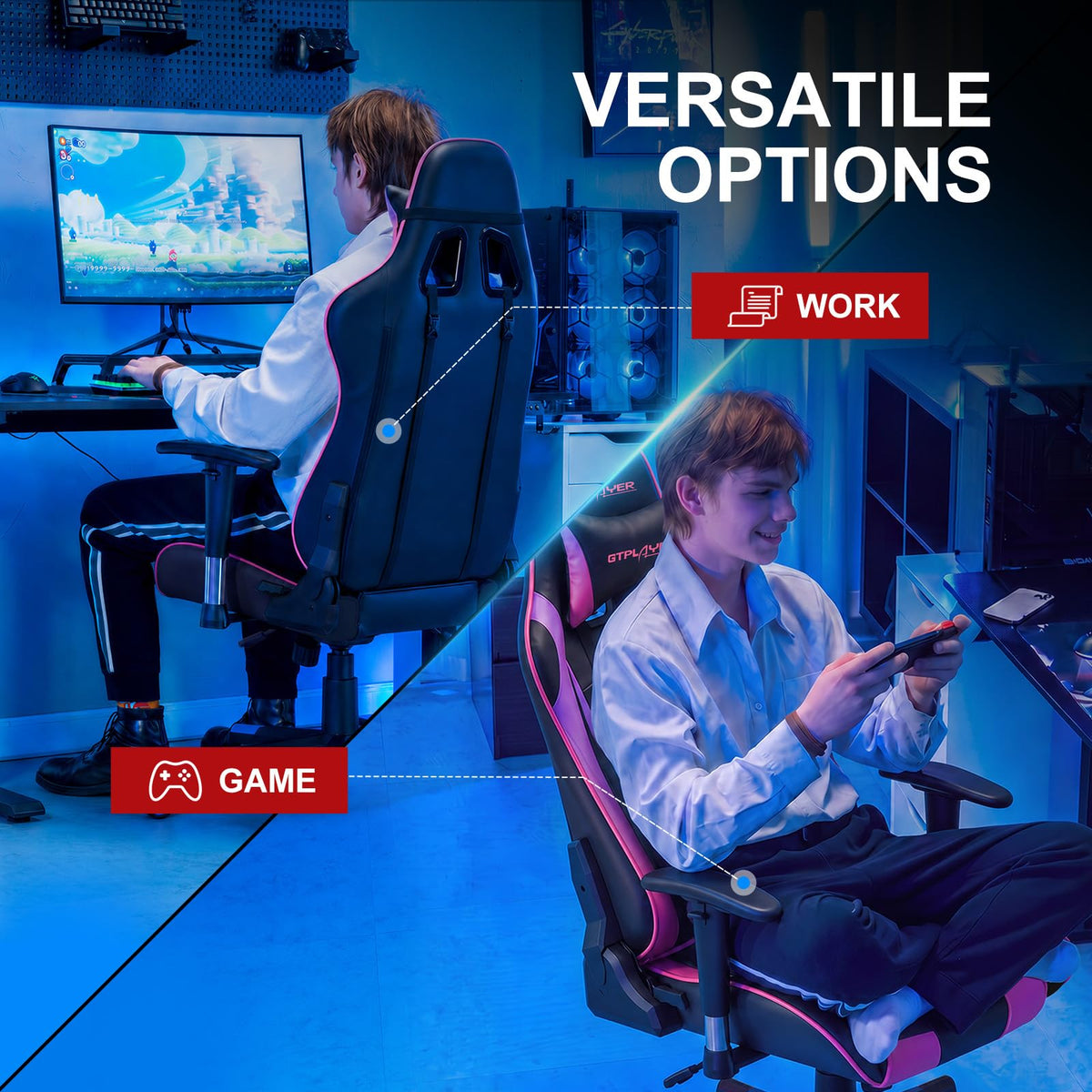 GTPLAYER Gaming Chair with Footrest, Ergonomic Computer Game Desk Chair, Reclining Gamer Chair Seat Height Adjustment, Swivel Rocker with Headrest and Lumbar (Blue)
