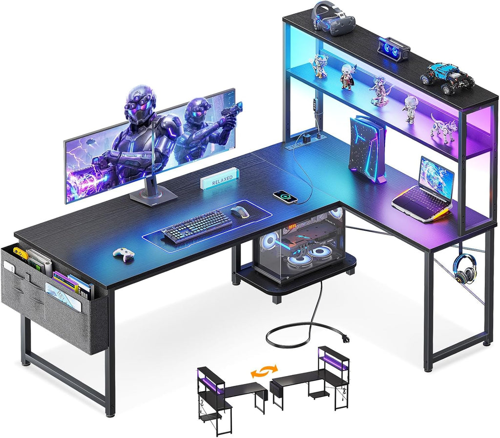 ODK 53" L Shaped Gaming Desk with Shelves, LED & Outlets, Black