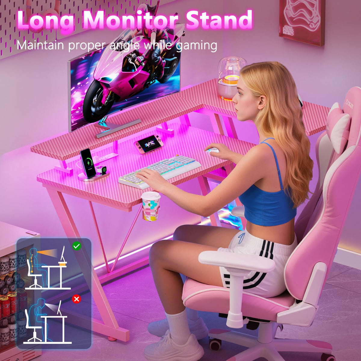 Korfile 40 Inch Gaming Desk with Power Outlet, LED, Carbon Fiber Black