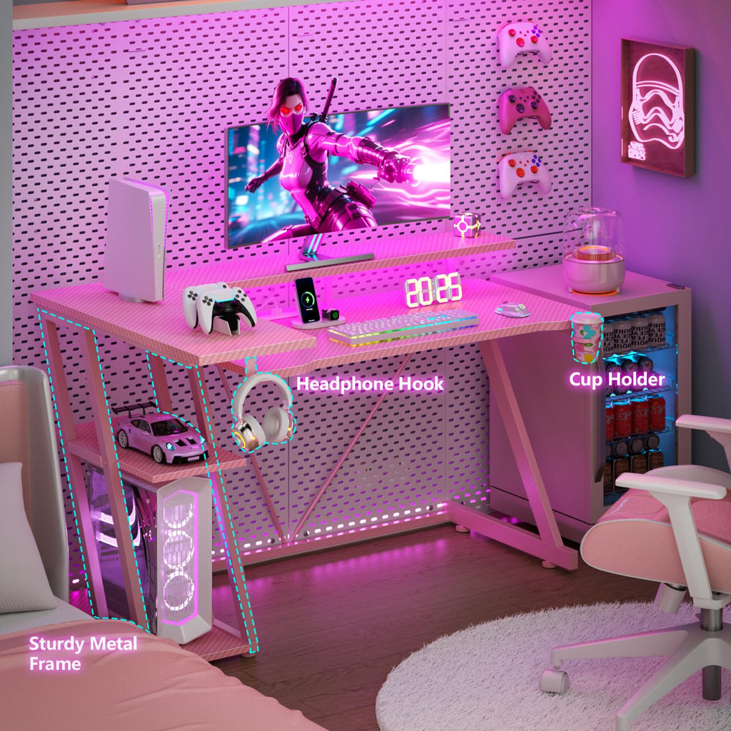 Korfile 40 Inch Gaming Desk with Power Outlet, LED, Carbon Fiber Black