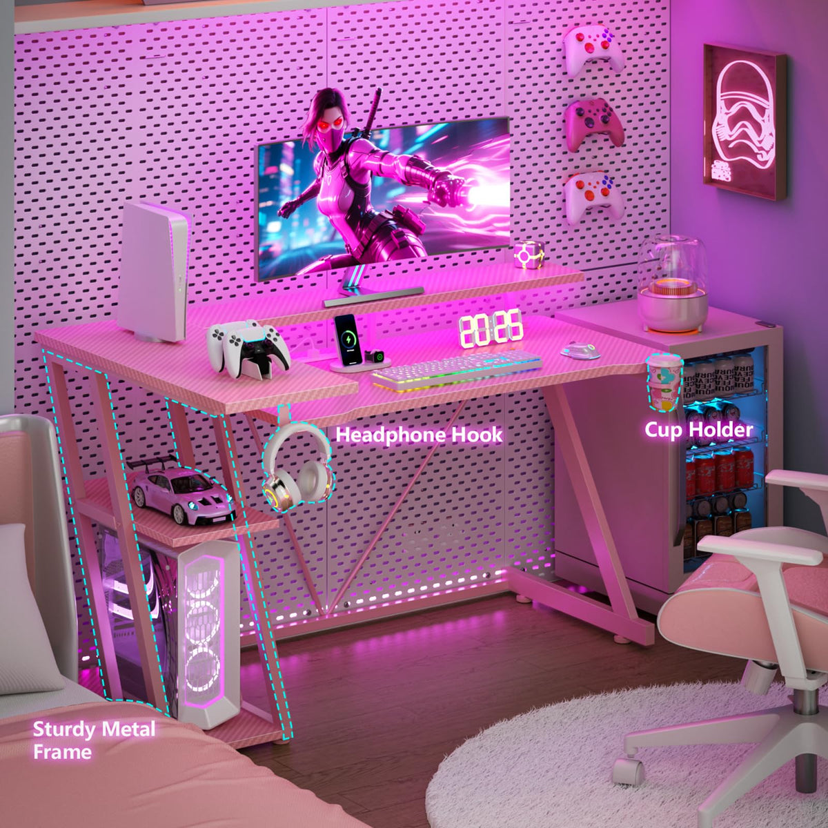 Korfile 40 Inch Gaming Desk with Power Outlet, LED, Carbon Fiber Black