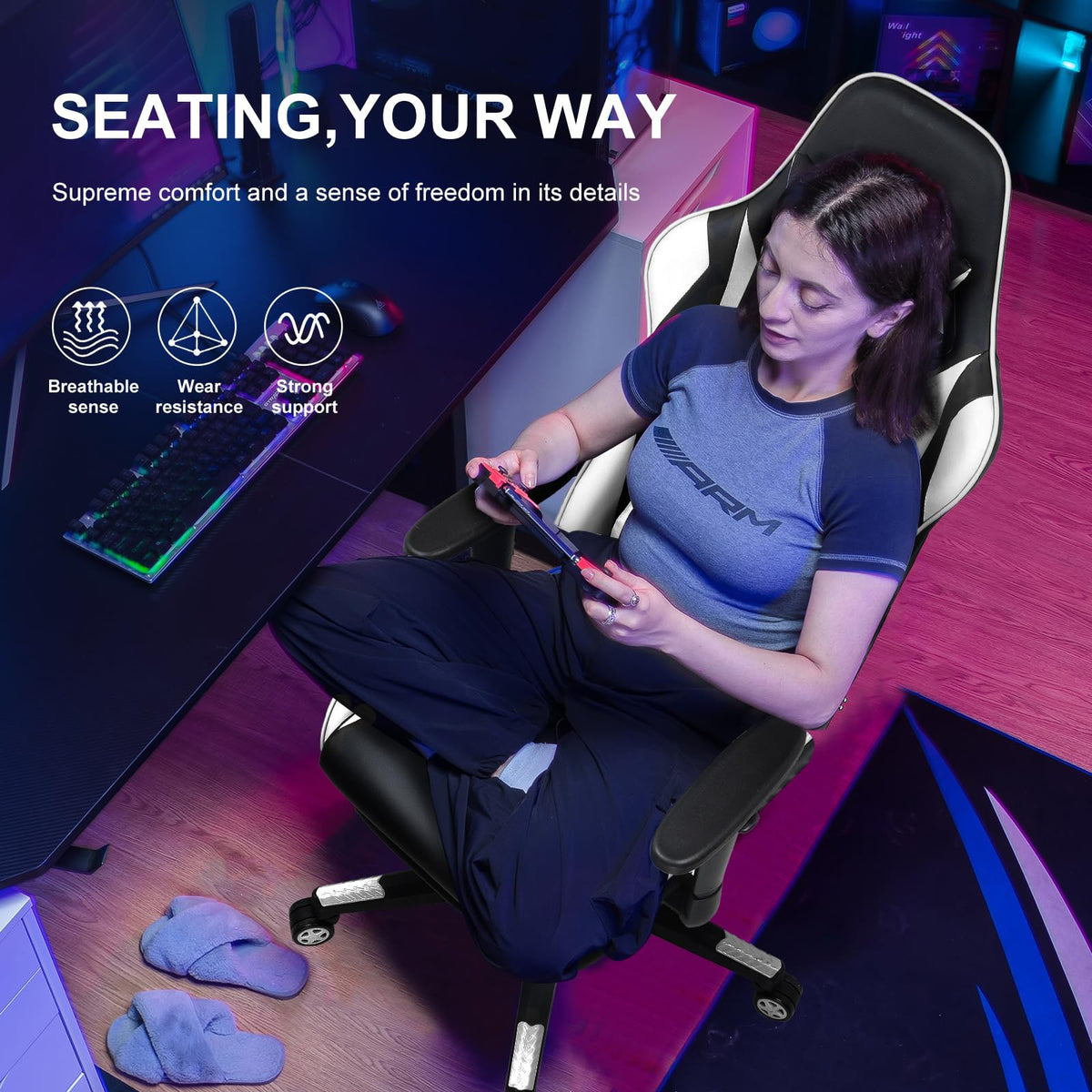 GTPLAYER Gaming Chair with Footrest, Ergonomic Computer Game Desk Chair, Reclining Gamer Chair Seat Height Adjustment, Swivel Rocker with Headrest and Lumbar (Blue)