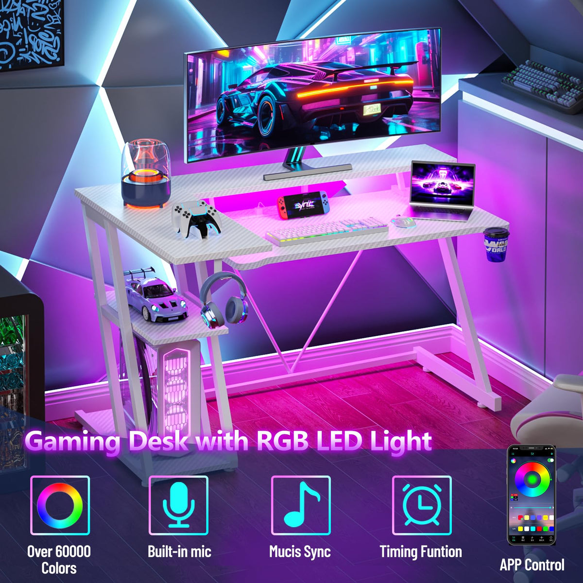 Korfile 40 Inch Gaming Desk with Power Outlet, LED, Carbon Fiber Black