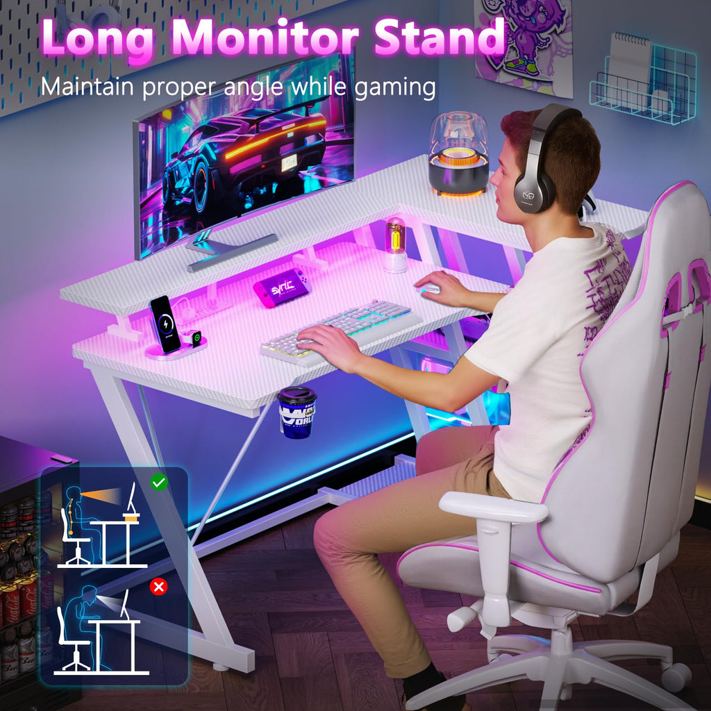 Korfile 40 Inch Gaming Desk with Power Outlet, LED, Carbon Fiber Black