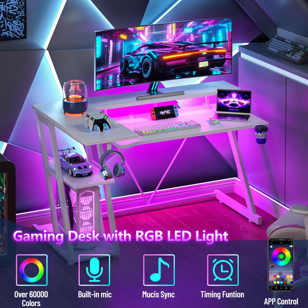 Korfile 40 Inch Gaming Desk with Power Outlet, LED, Carbon Fiber Black
