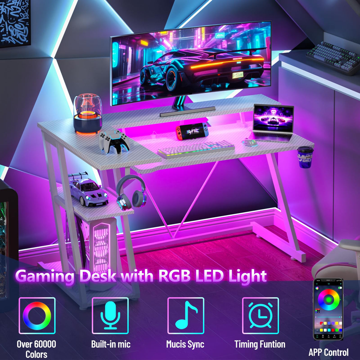 Korfile 40 Inch Gaming Desk with Power Outlet, LED, Carbon Fiber Black