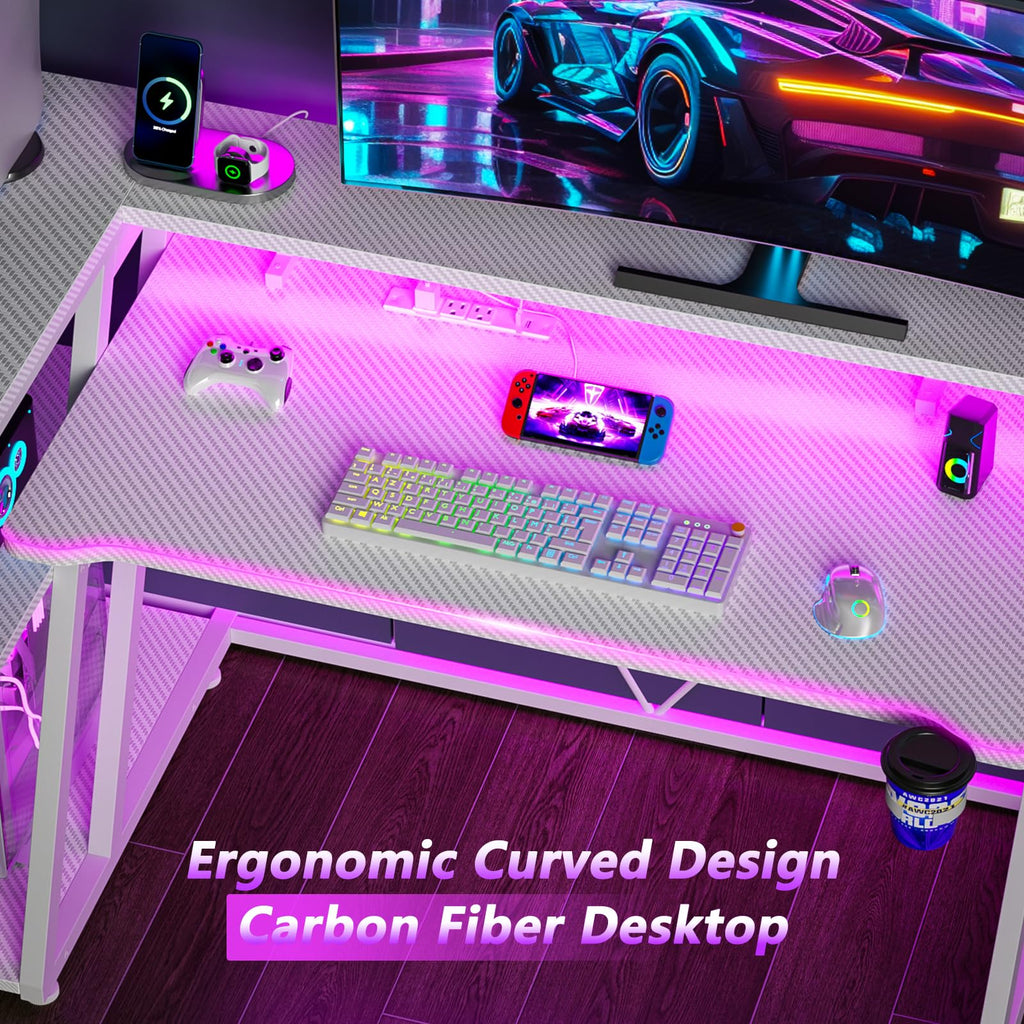 Korfile 40 Inch Gaming Desk with Power Outlet, LED, Carbon Fiber Black