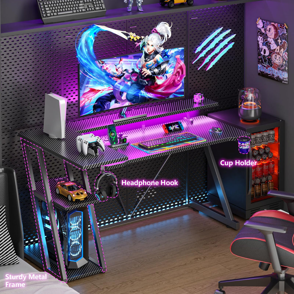Korfile 40 Inch Gaming Desk with Power Outlet, LED, Carbon Fiber Black