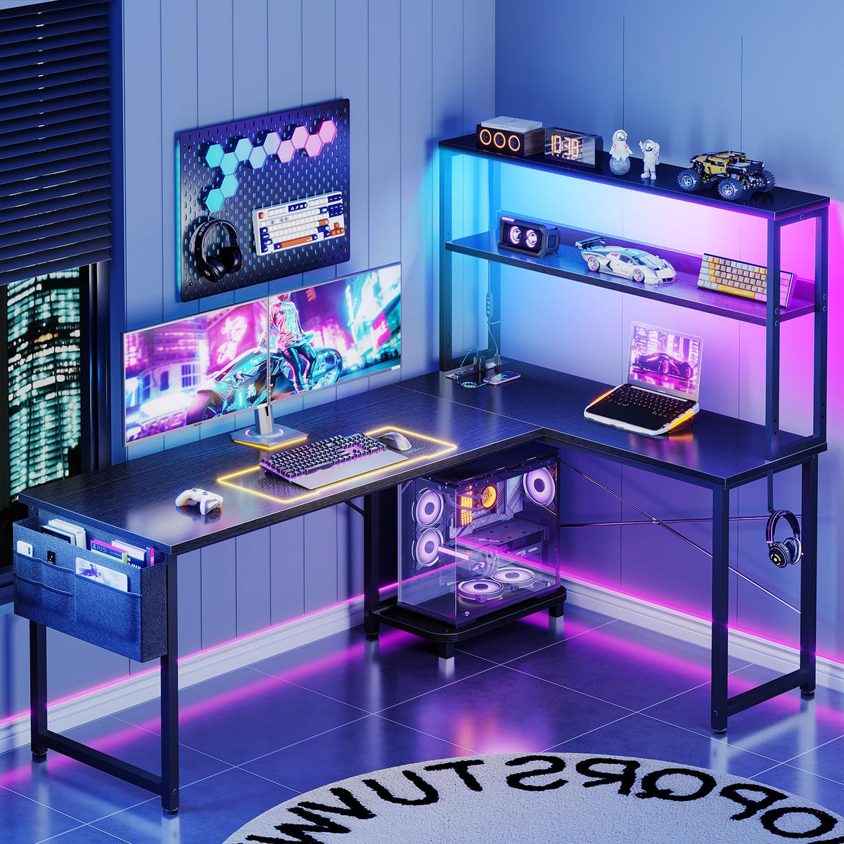 ODK 53" L Shaped Gaming Desk with Shelves, LED & Outlets, Black