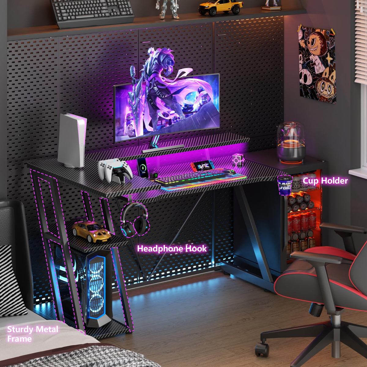 Korfile 40 Inch Gaming Desk with Power Outlet, LED, Carbon Fiber Black