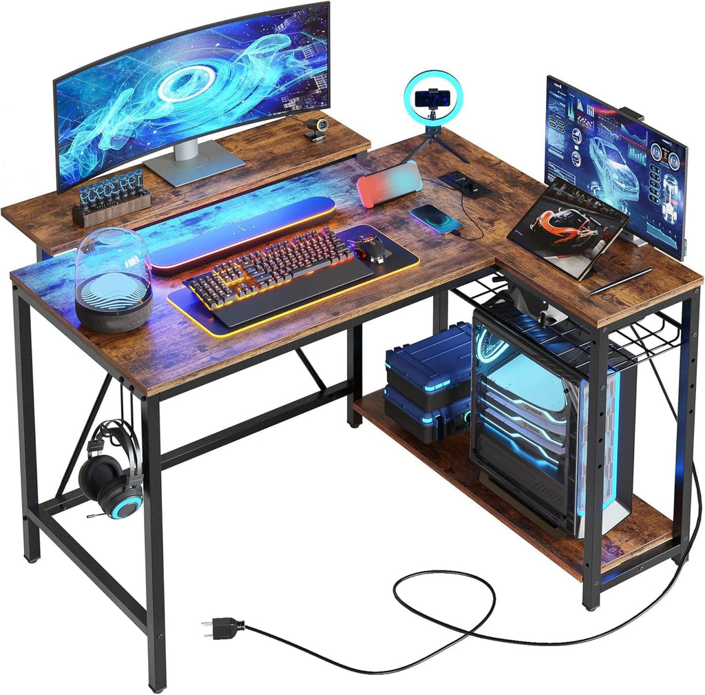 Bestier 42-Inch L-Shaped Computer Desk with Charging & LED, Black