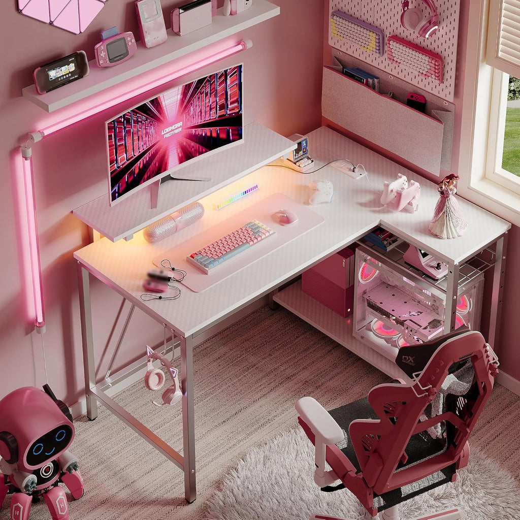 Bestier 42-Inch L-Shaped Computer Desk with Charging & LED, Black
