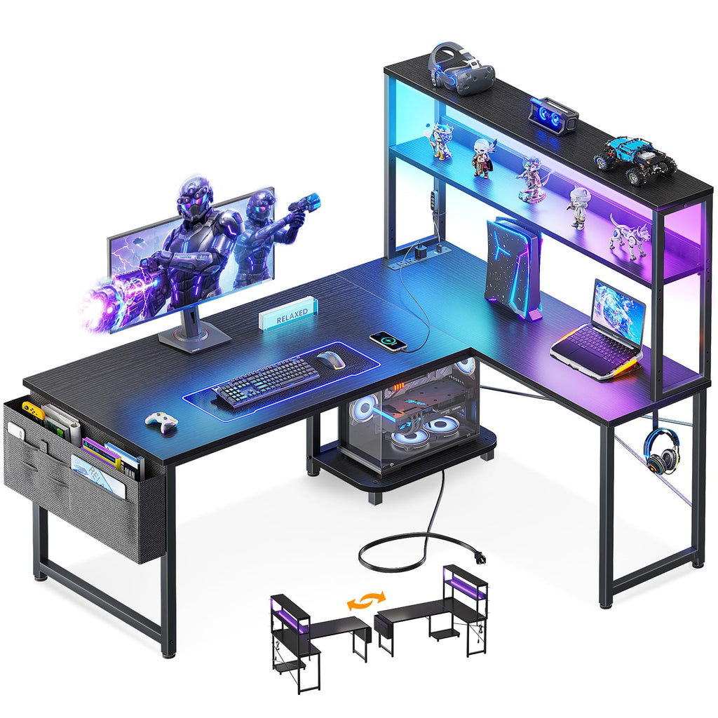 ODK 53" L Shaped Gaming Desk with Shelves, LED & Outlets, Black