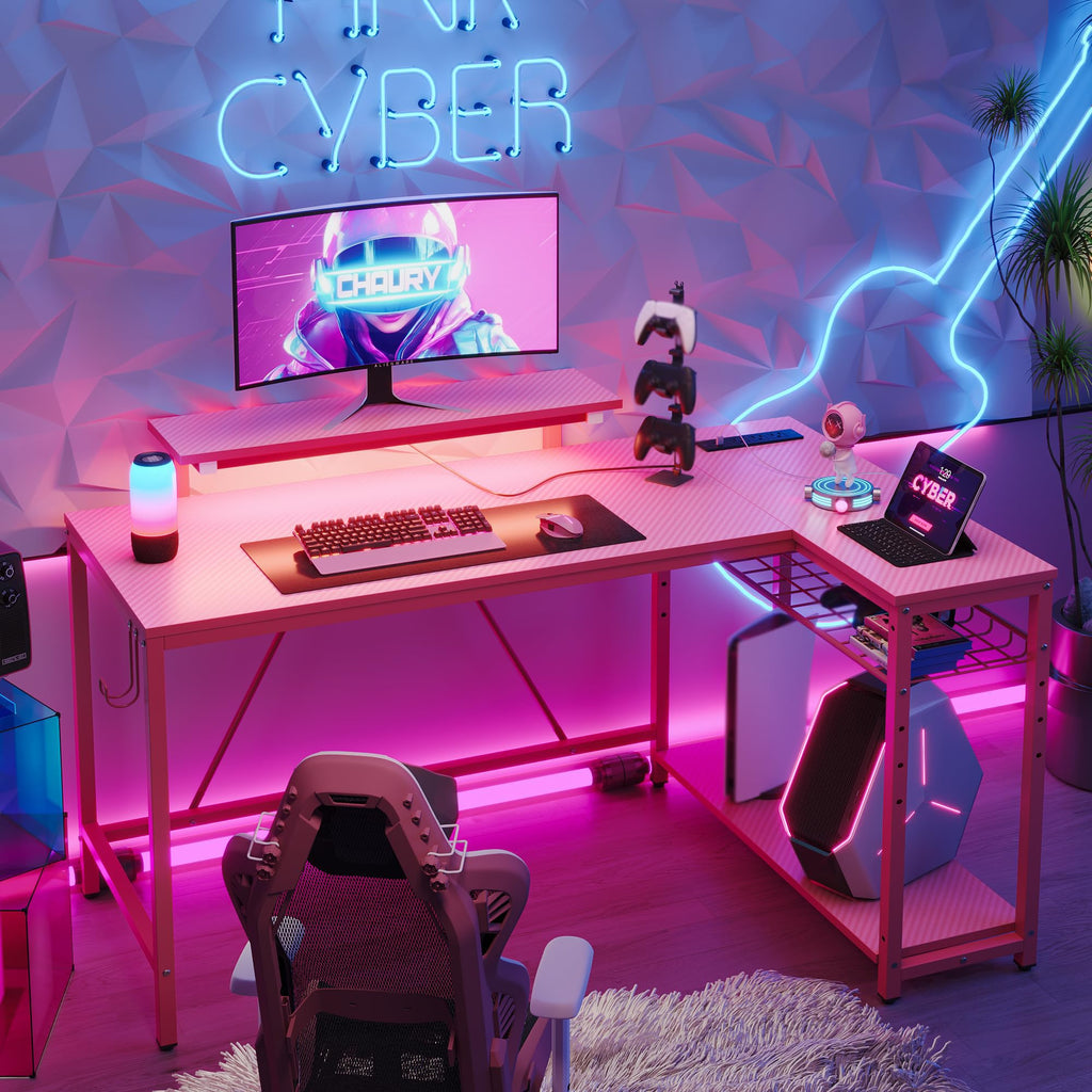 Bestier 42-Inch L-Shaped Computer Desk with Charging & LED, Black