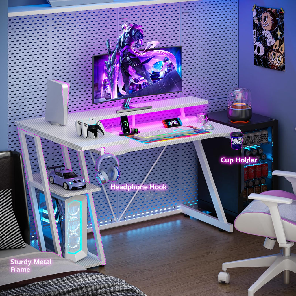 Korfile 40 Inch Gaming Desk with Power Outlet, LED, Carbon Fiber Black
