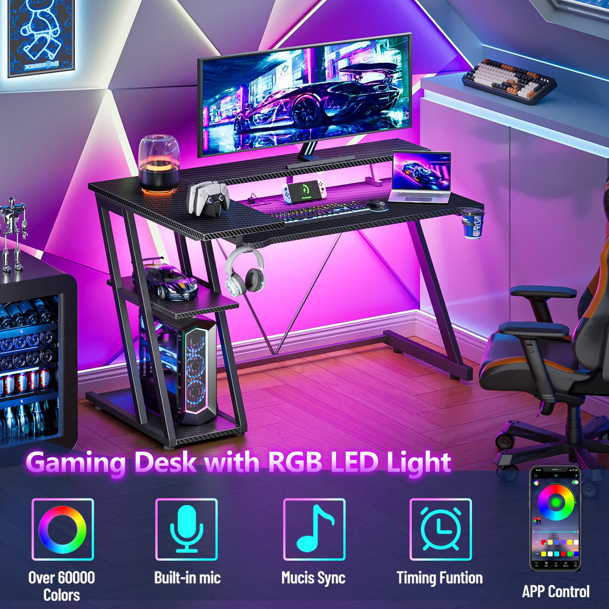 Korfile 40 Inch Gaming Desk with Power Outlet, LED, Carbon Fiber Black
