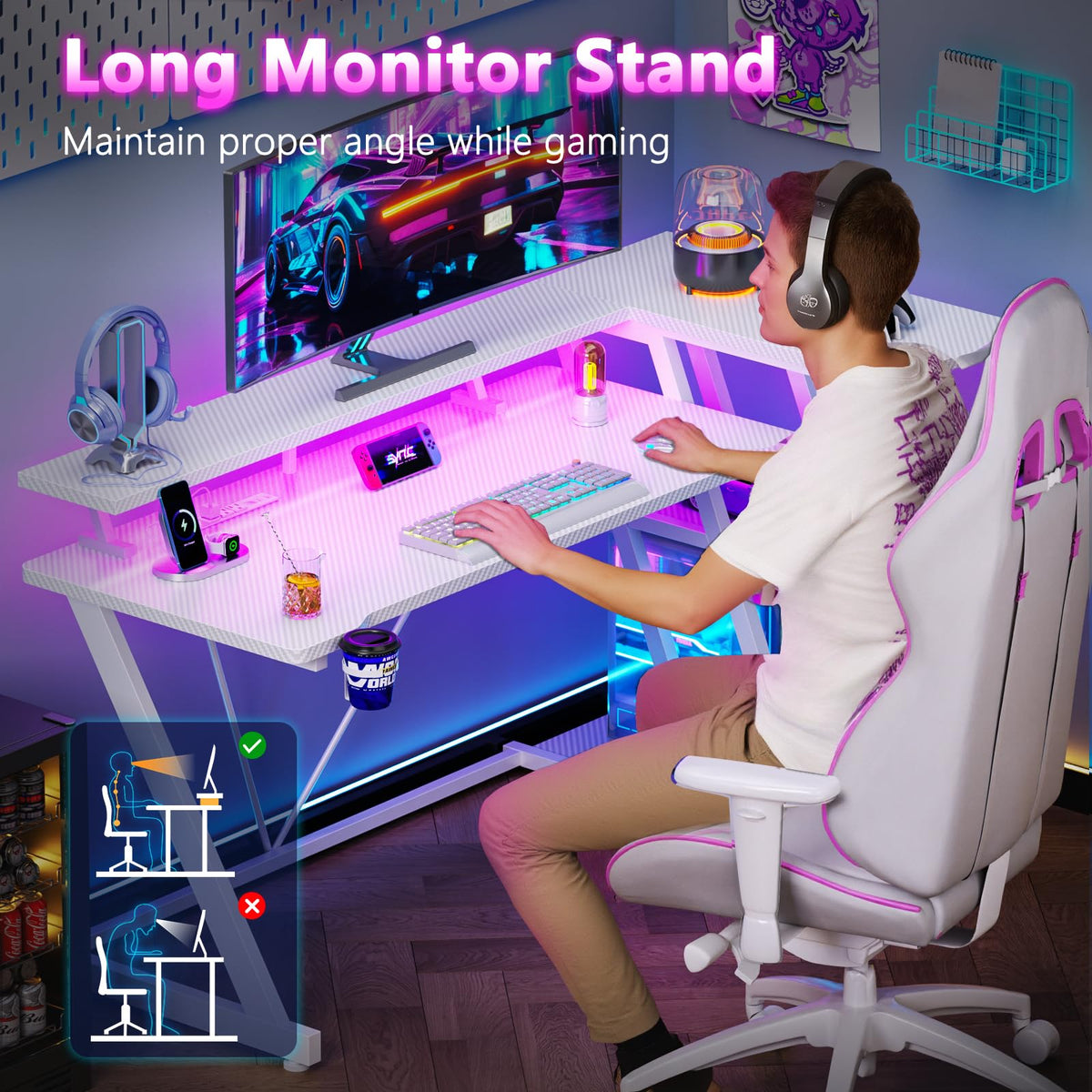 Korfile 40 Inch Gaming Desk with Power Outlet, LED, Carbon Fiber Black