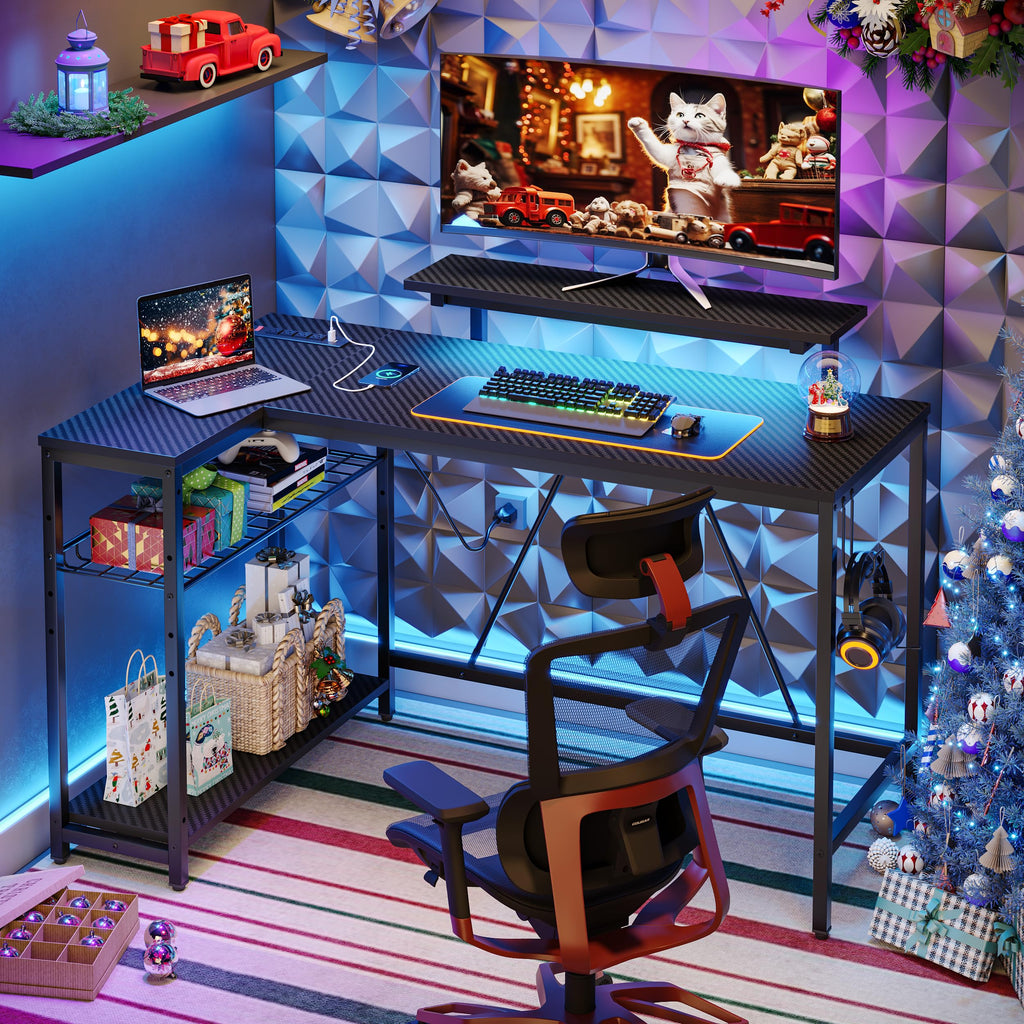 Bestier 42-Inch L-Shaped Computer Desk with Charging & LED, Black
