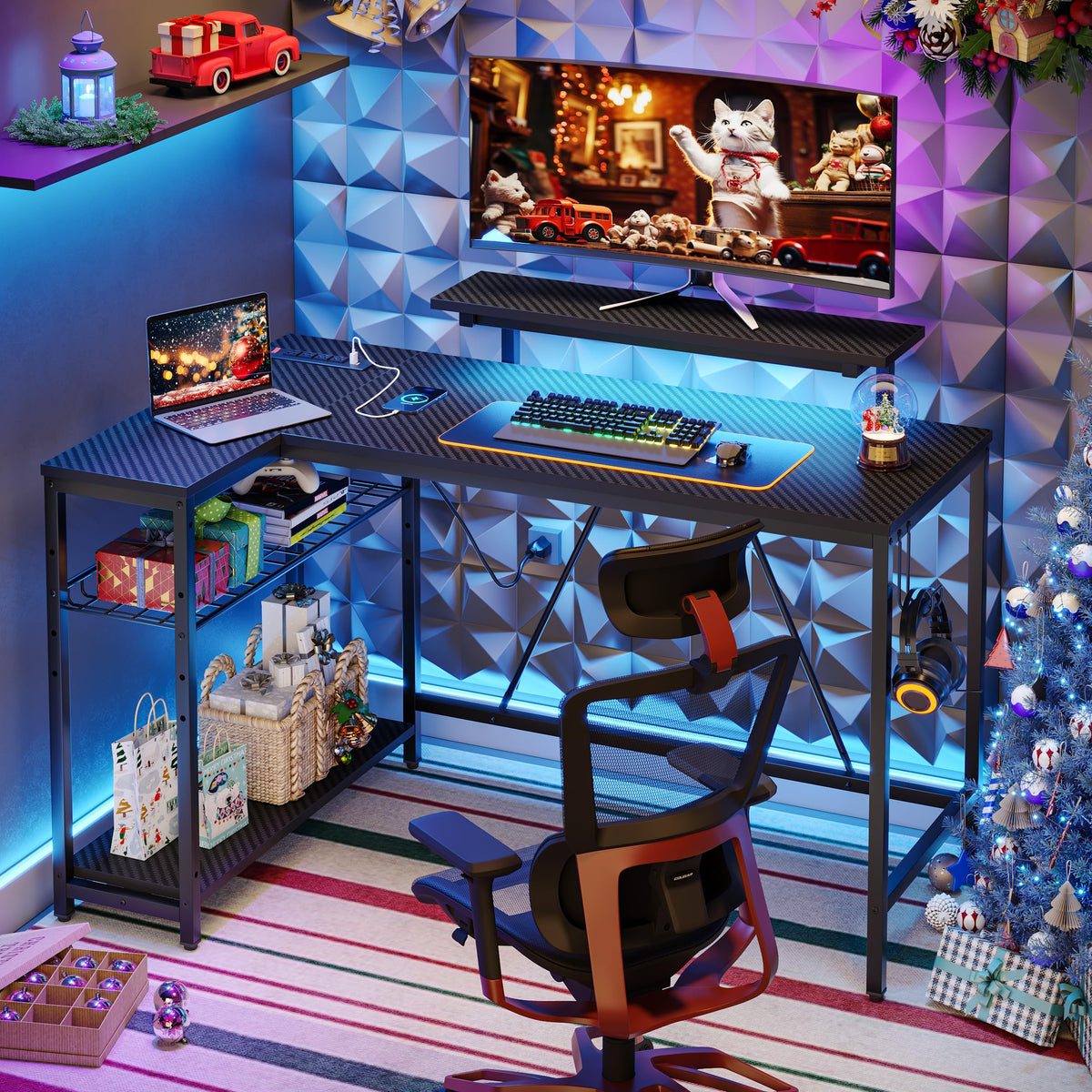 Bestier 42-Inch L-Shaped Computer Desk with Charging & LED, Black