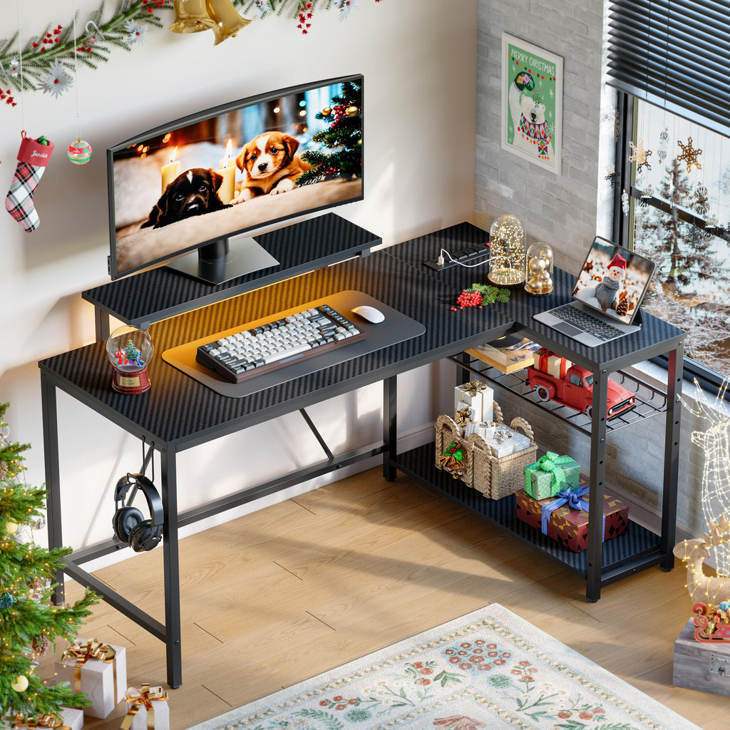 Bestier 42-Inch L-Shaped Computer Desk with Charging & LED, Black
